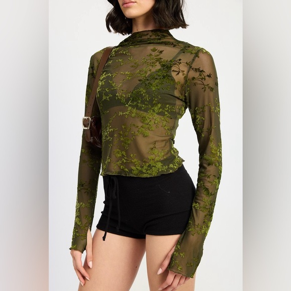 161B. Floral Mesh Long Sleeve Top - Mocha - Picture 6 of 6